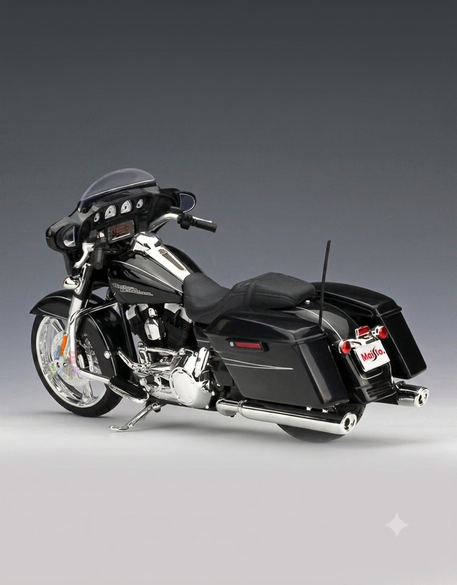 Rear three-quarter perspective of 1:12 Maisto Harley-Davidson Street Glide Special showing detailed saddlebags, chrome dual exhaust, and dashboard gauges.