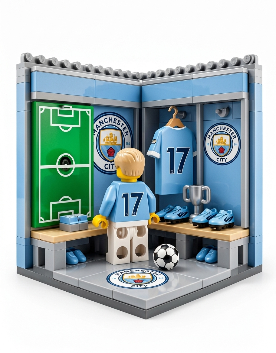Manchester City FC locker room mini building blocks set featuring a player minifigure in number 17 sky blue kit, silver trophy, tactics board, and soccer gear.