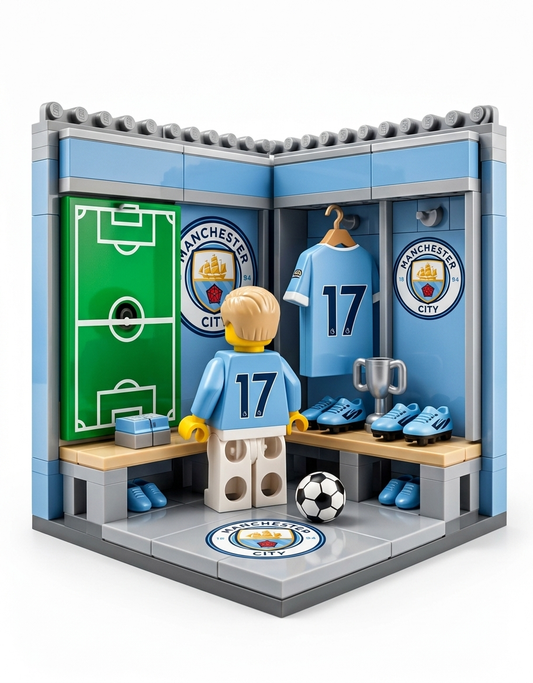 Manchester City FC locker room mini building blocks set featuring a player minifigure in number 17 sky blue kit, silver trophy, tactics board, and soccer gear.