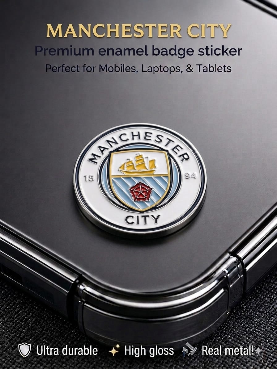 Premium Manchester City FC metal enamel crest badge sticker with high-gloss finish applied to a black smartphone case
