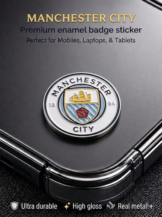 Premium Manchester City FC metal enamel crest badge sticker with high-gloss finish applied to a black smartphone case