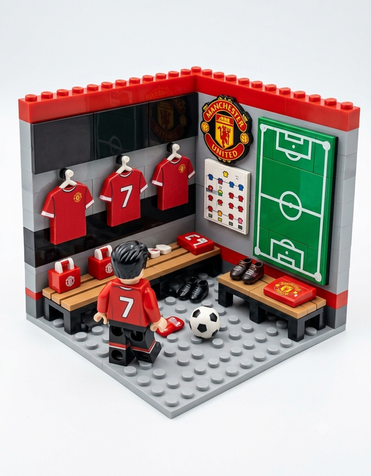 Manchester United FC locker room mini building blocks set featuring a player minifigure in number 7 red kit, hanging jerseys, tactics board, and soccer accessories.