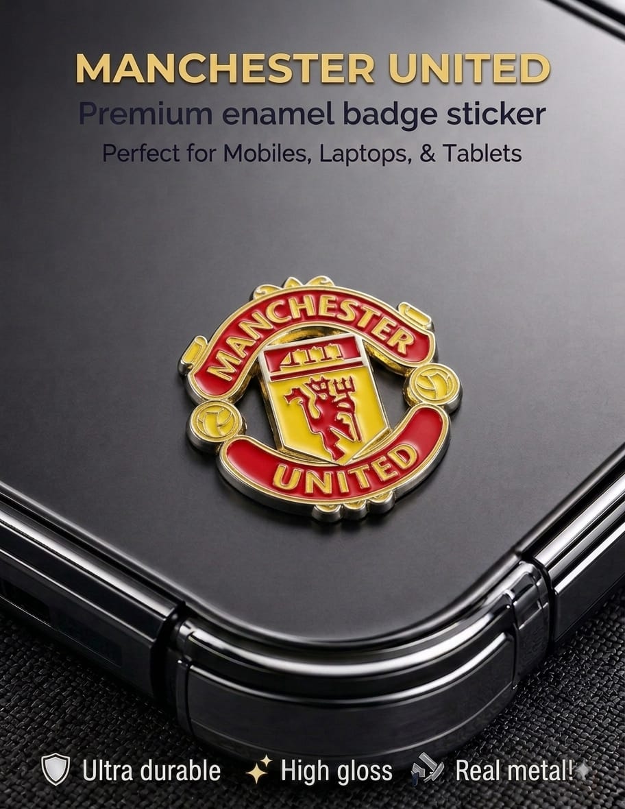 Manchester United premium metallic enamel badge sticker with high-gloss finish applied to a smartphone case.