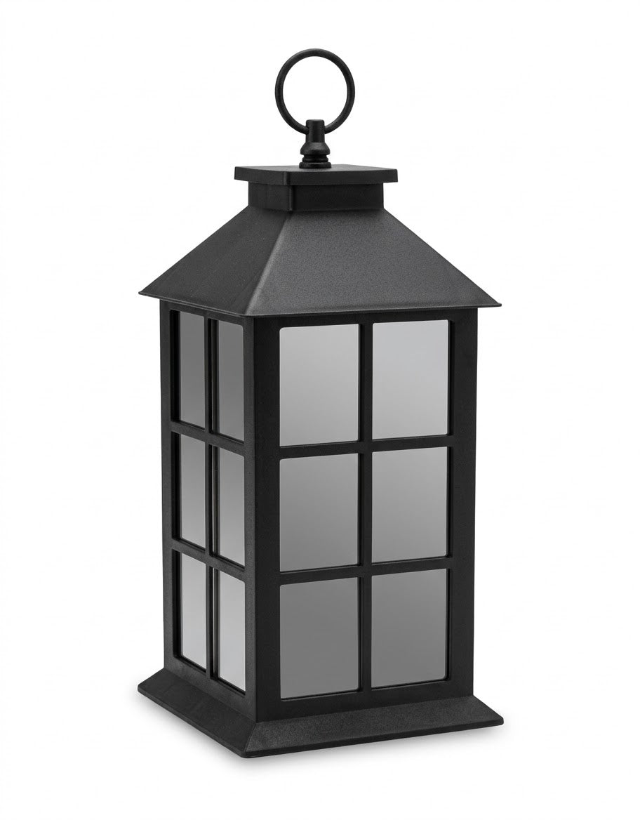 Matte black lantern with grid glass panels and top hanging ring, studio product display available in Lebanon.
