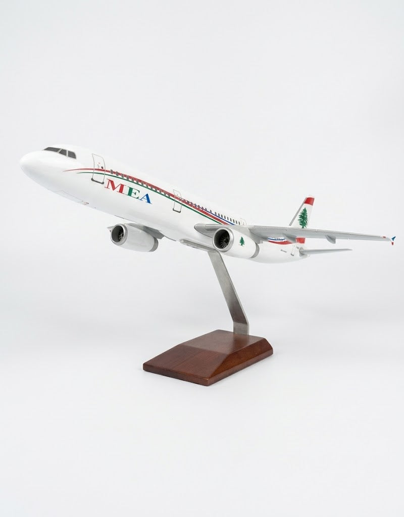 Middle East Airlines MEA Airbus 1:100 scale resin model airplane 45cm with Lebanese Cedar livery mounted on display stand, available in Lebanon.