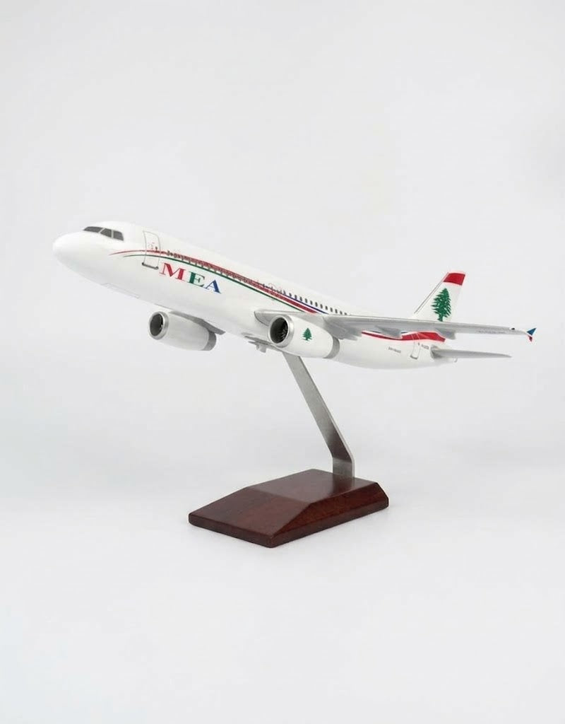 1:150 scale Middle East Airlines MEA Airbus A320 resin airplane model with Cedar flag livery on display stand, Lebanon aviation collectible.