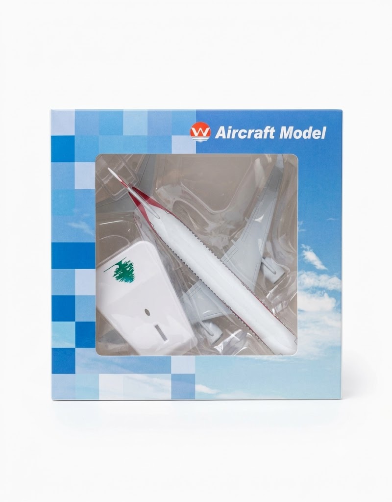 Collector window gift box packaging for 1:200 MEA Middle East Airlines Airbus A320 desktop model with mounting stand.   