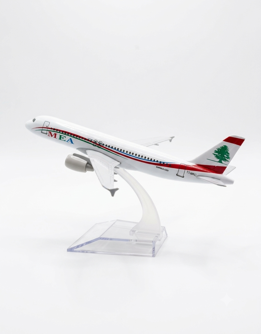 Side profile of the MEA Middle East Airlines collectible scale airplane showing the fuselage markings, T7-MRC registration, and green cedar tail fin.