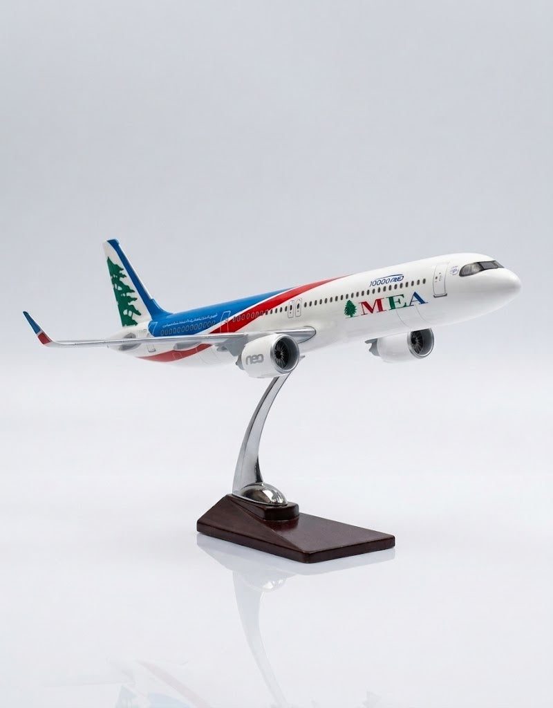 Right profile of 45cm Middle East Airlines A321neo model featuring the Lebanese Cedar tail livery and milestone markings.