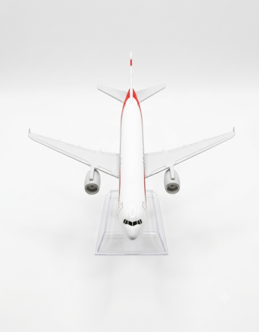Top-down front perspective of the Middle East Airlines MEA metal model plane showing wingspan and clear acrylic base.
