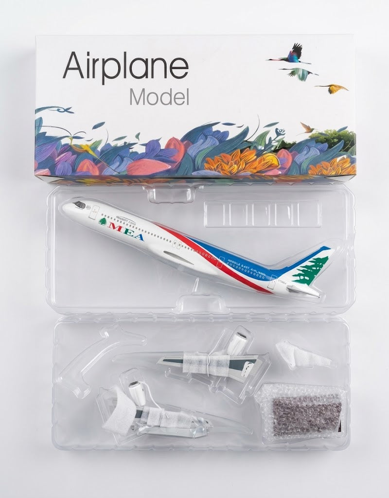 MEA Airbus A321neo resin aircraft model unassembled inside protective blister packaging and collectible retail gift box.