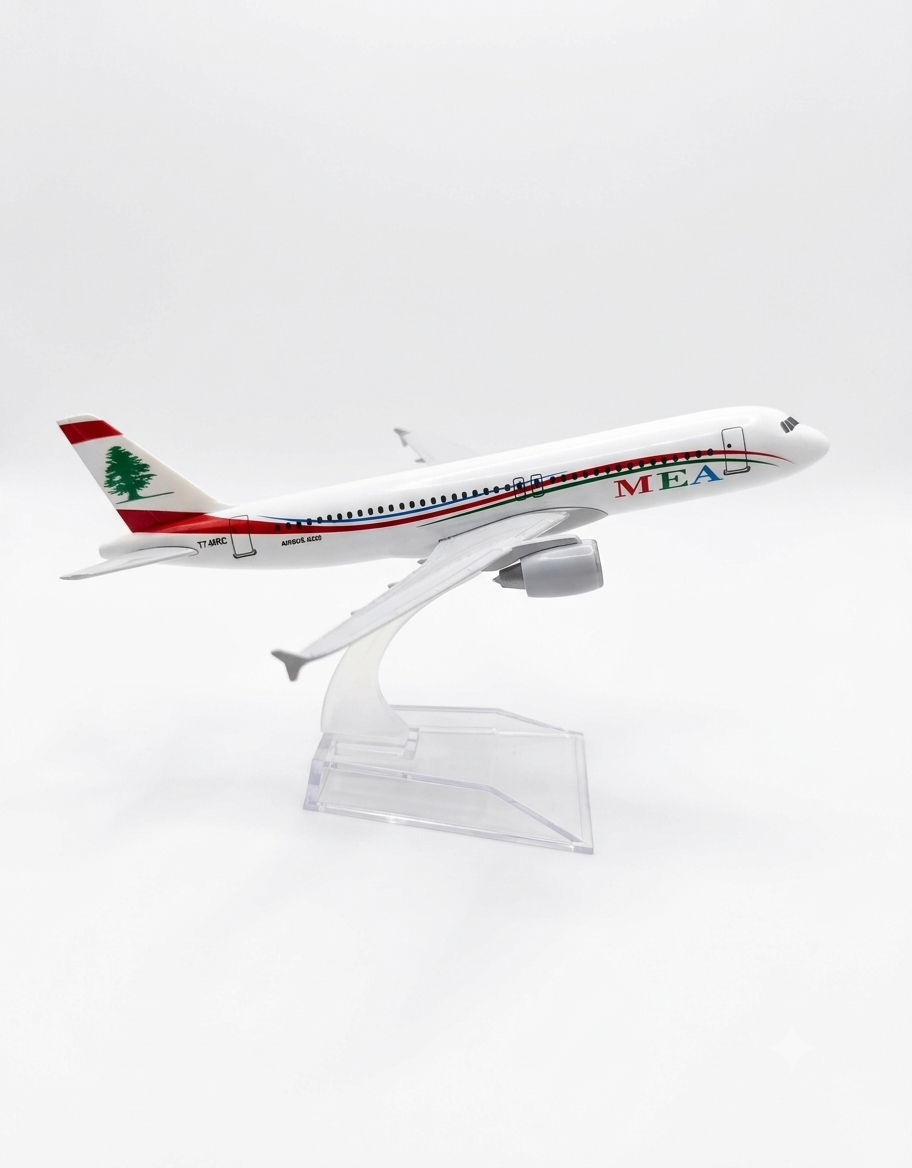 Middle East Airlines MEA Airbus diecast metal airplane model on a clear display stand featuring the Lebanese cedar livery, available in Lebanon.