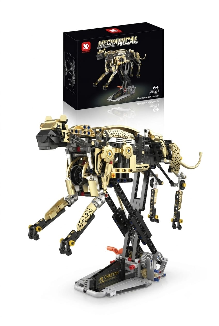KT Blocks Mechanical Cheetah dynamic joint movable assembly building block set on display stand