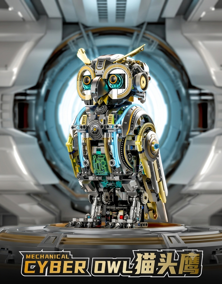 Front hero view of the Mechanical Cyber Owl robotic building block model on a futuristic sci-fi pedestal.