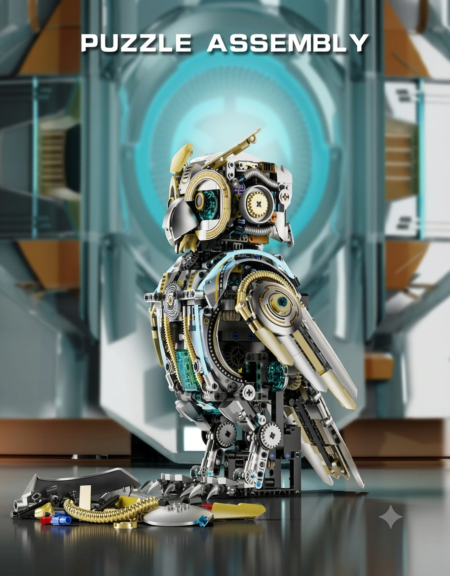 Semi-assembled mechanical cyber owl 3D building block model kit with visible gears and loose assembly parts