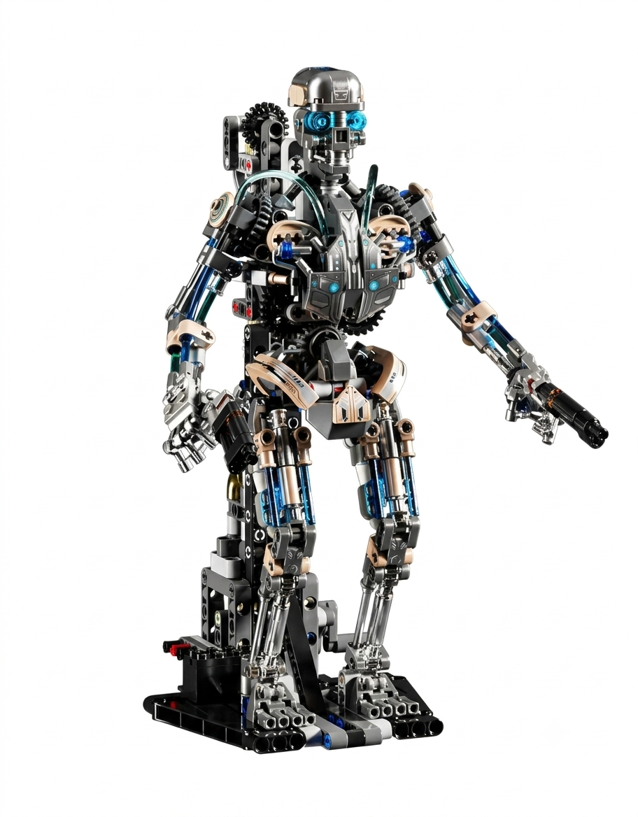 Fully assembled 692-piece mechanical cyborg robot building block model standing on a black display base.