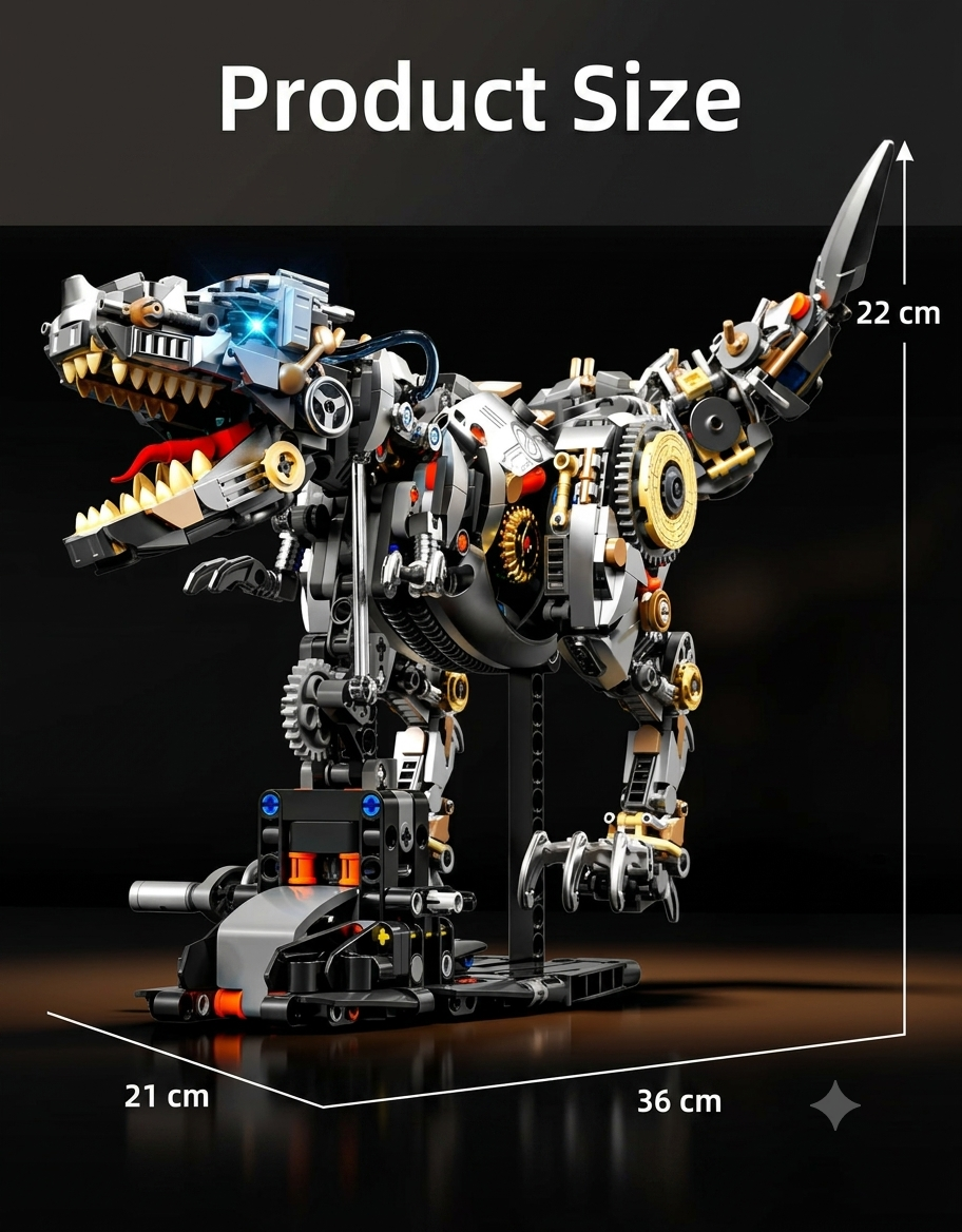 Product dimensions diagram of assembled semi-mechanical T-Rex building block model measuring 36 cm long, 21 cm wide, and 22 cm high on black display stand.