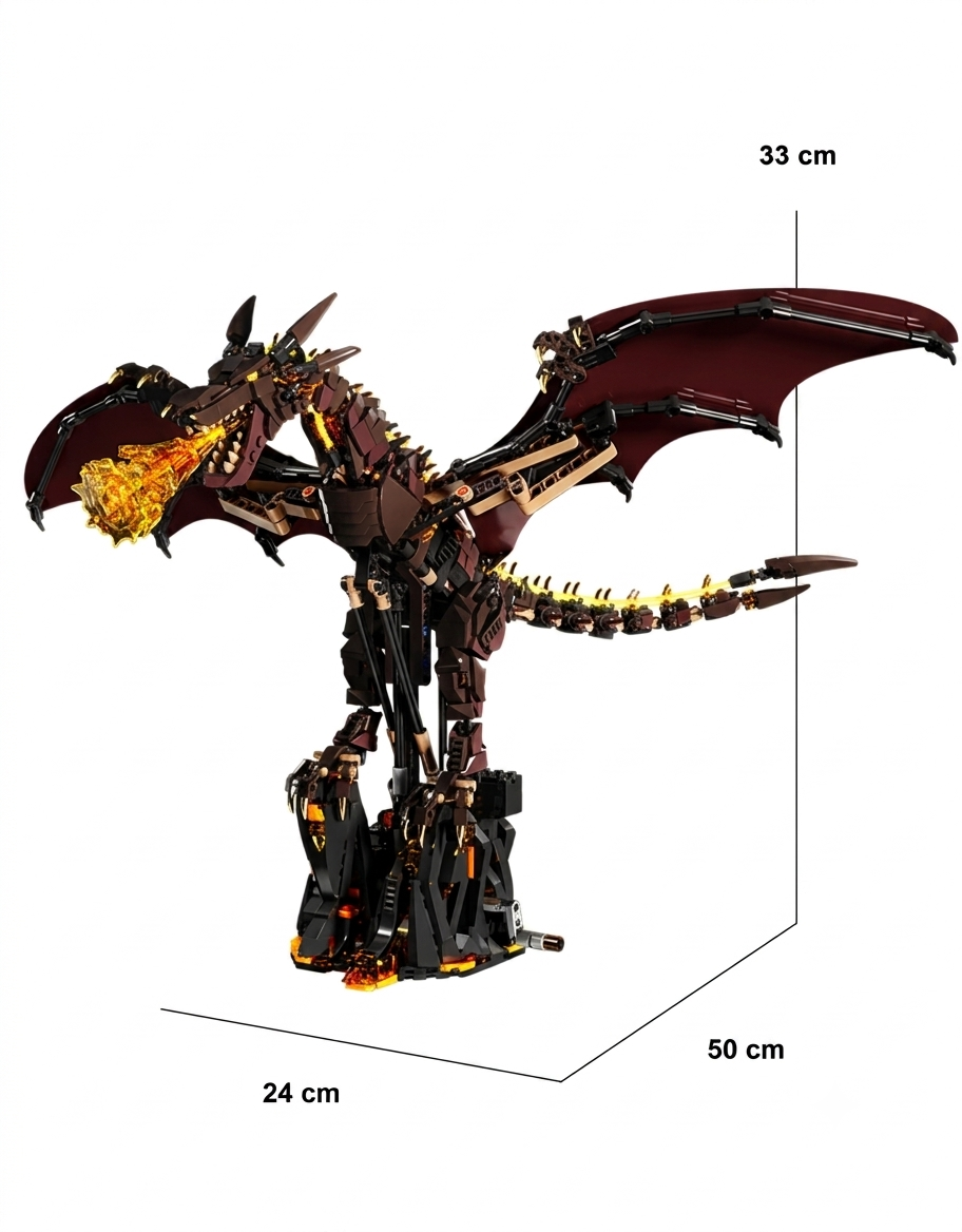 Product dimensions for assembled mechanical dragon model measuring 33 cm high, 50 cm wide, and 24 cm deep.