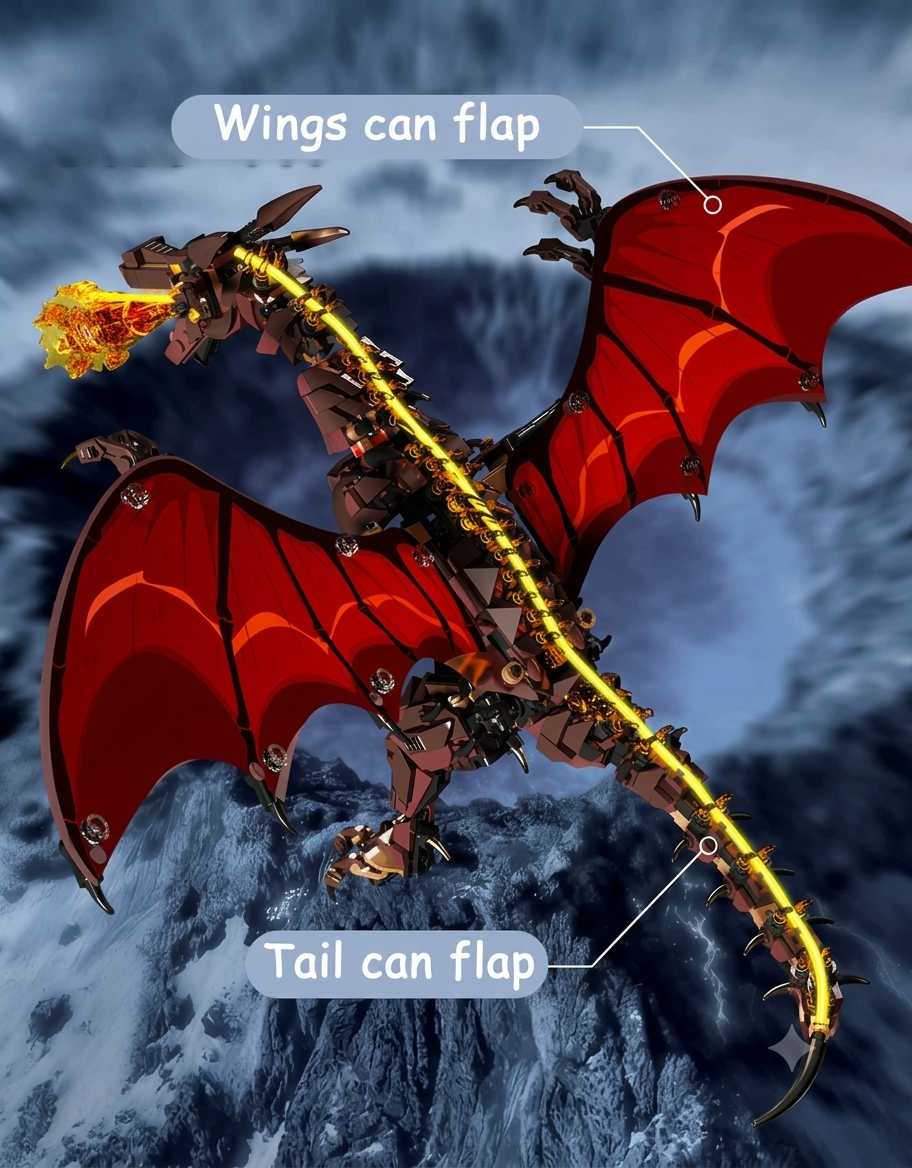 Top-down view of mechanical dragon building puzzle showing movable flapping wings and flexible articulated tail.