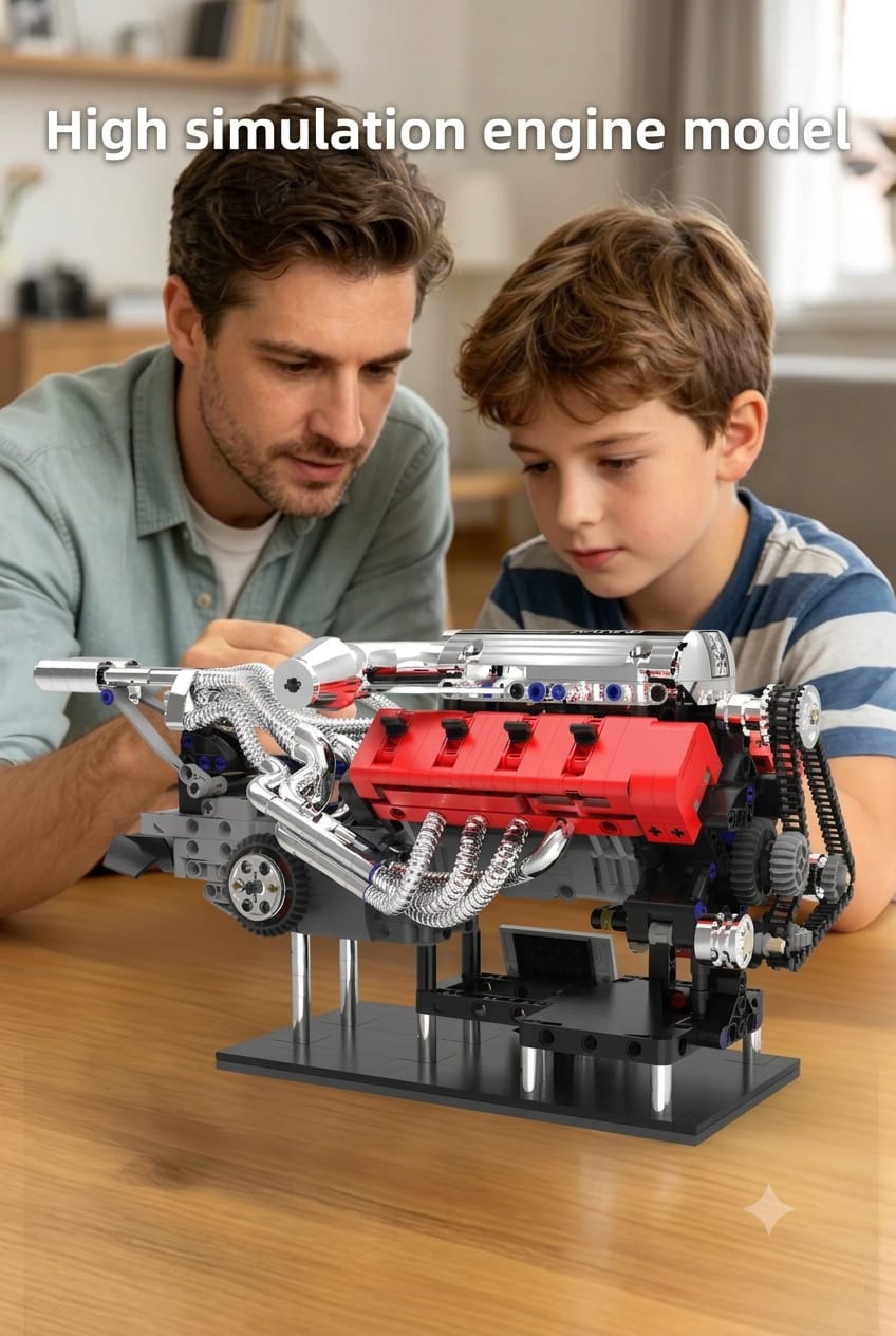 Father and son building a high-simulation mechanical engine model kit with visible chrome exhaust pipes on a wooden table.