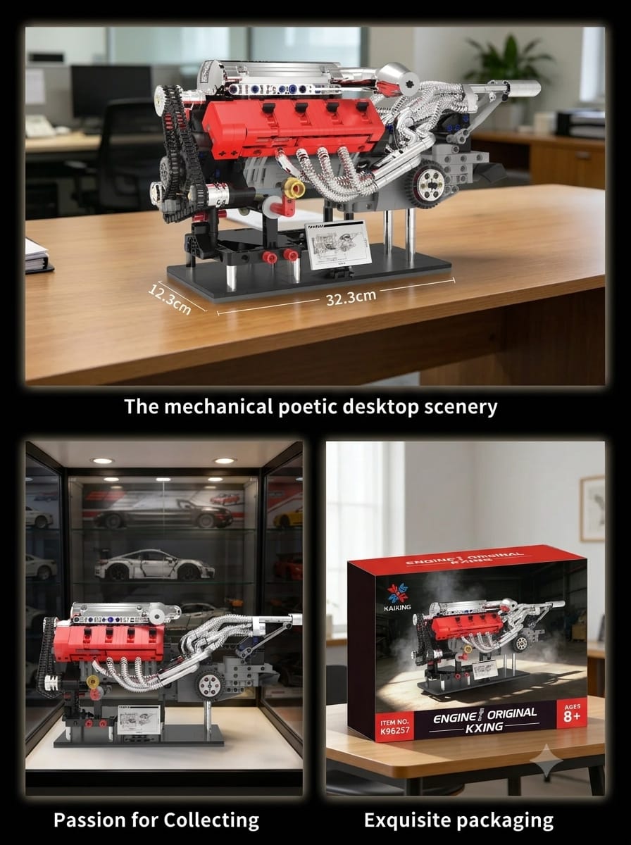 Assembled mechanical car engine building block model measuring 32.3cm by 12.3cm displayed on an office desk and in a collector glass cabinet.