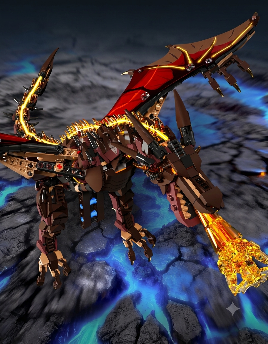 Mechanical fire-breathing dragon building block model with illuminated spine and flame effect.