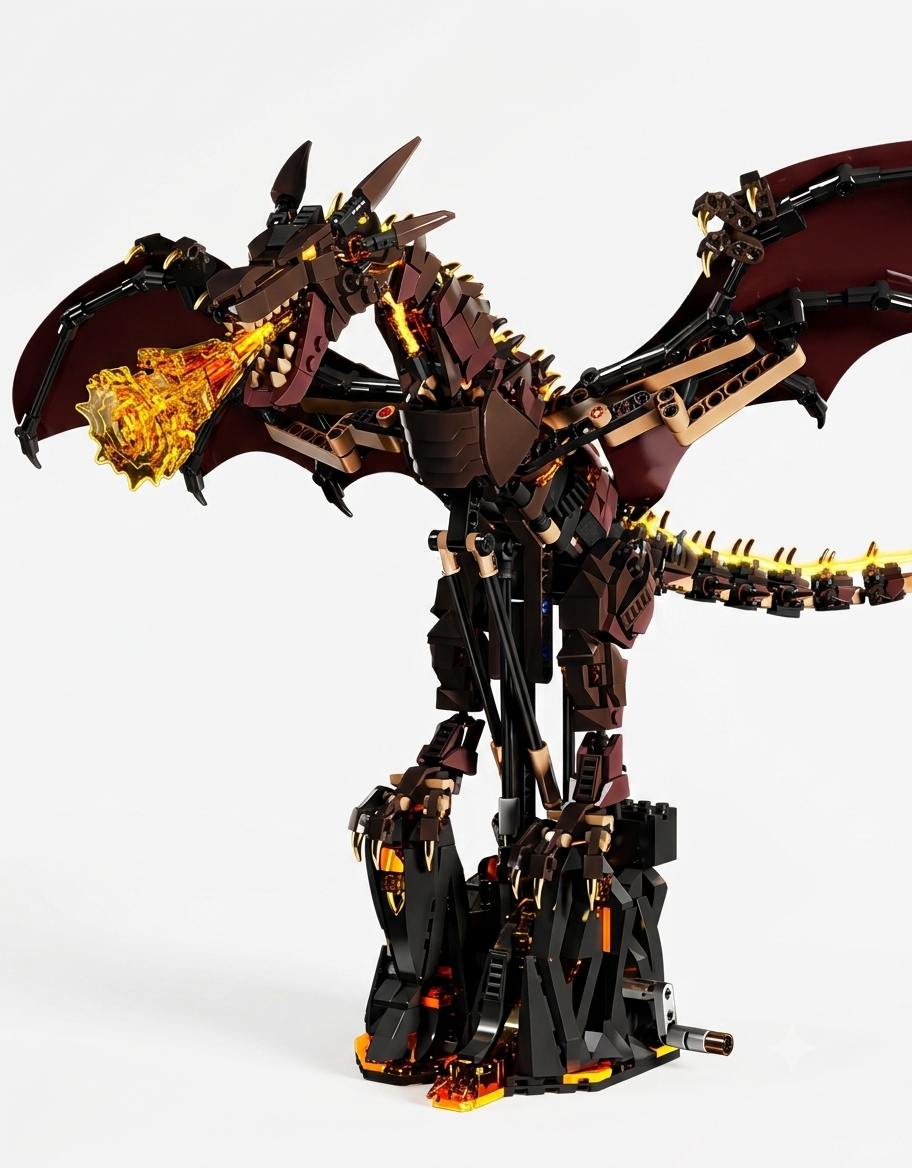 Articulated mechanical fire-breathing dragon building block model on a geared pedestal display stand