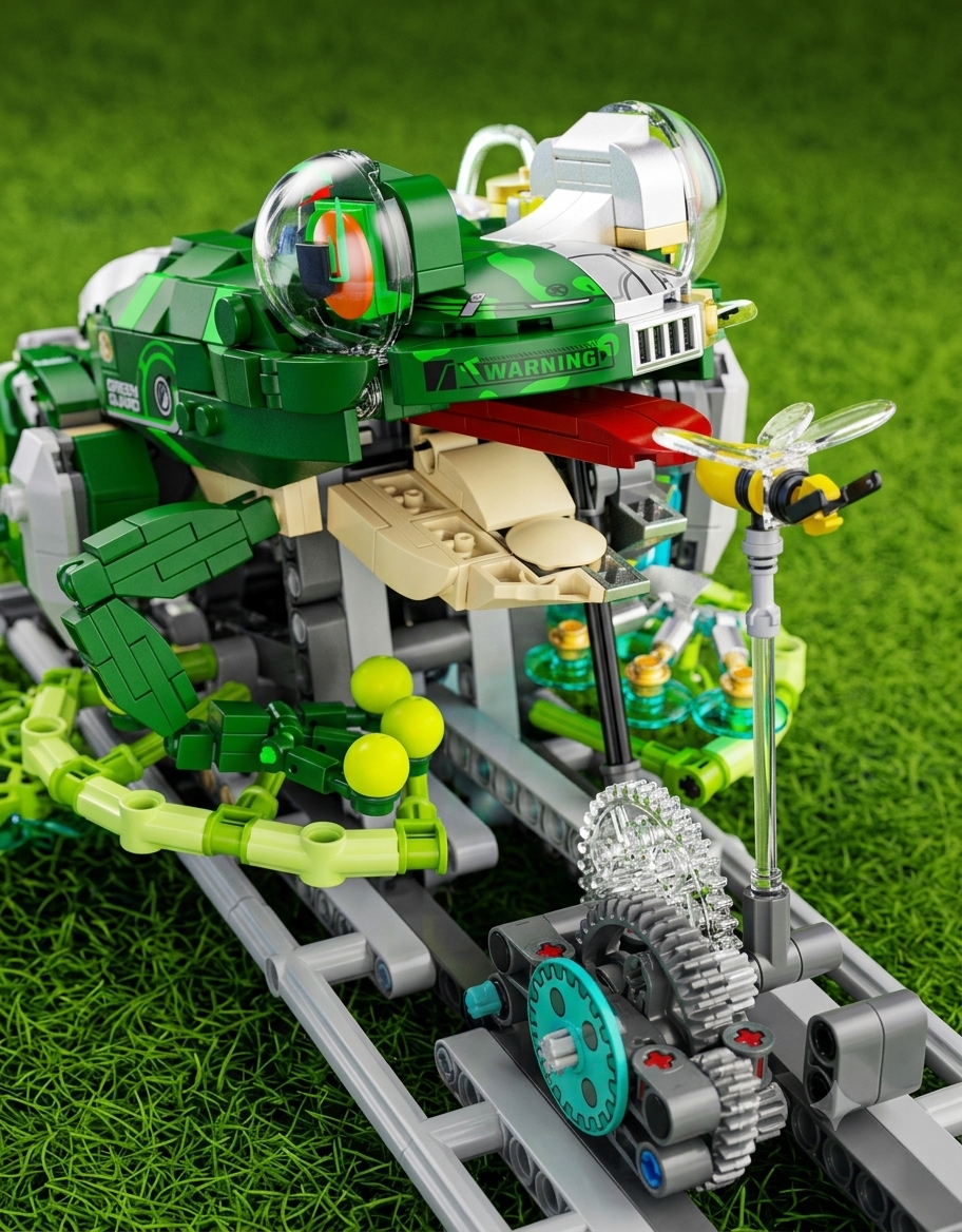 Close-up of mechanical frog puzzle kit showing open articulated mouth, tongue mechanism, and interlocking gear drive.