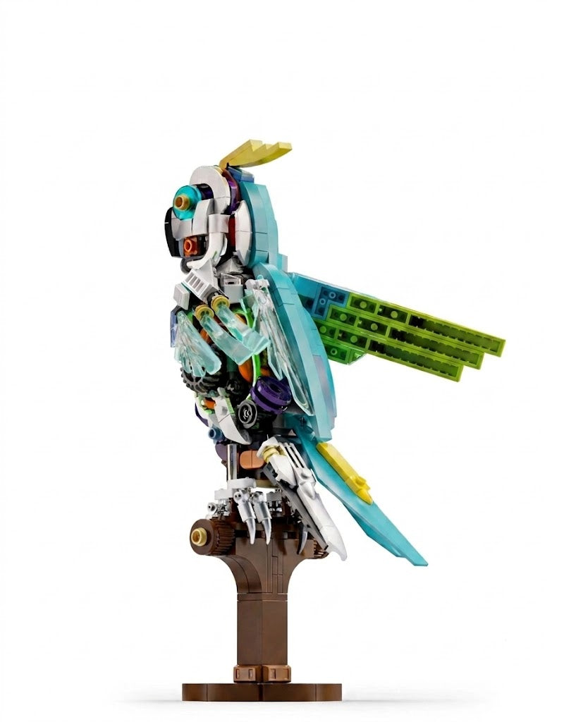 Semi-mechanical hand-cranked parrot building block model with flapping wings on a perch display stand.
