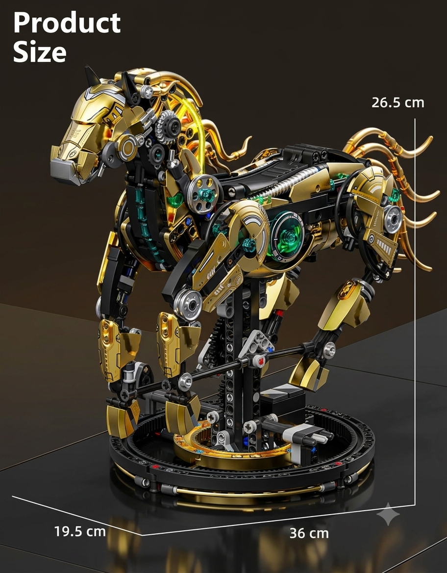 Dimensions diagram of the assembled mechanical horse model measuring 36 cm in length, 19.5 cm in width, and 26.5 cm in height.
