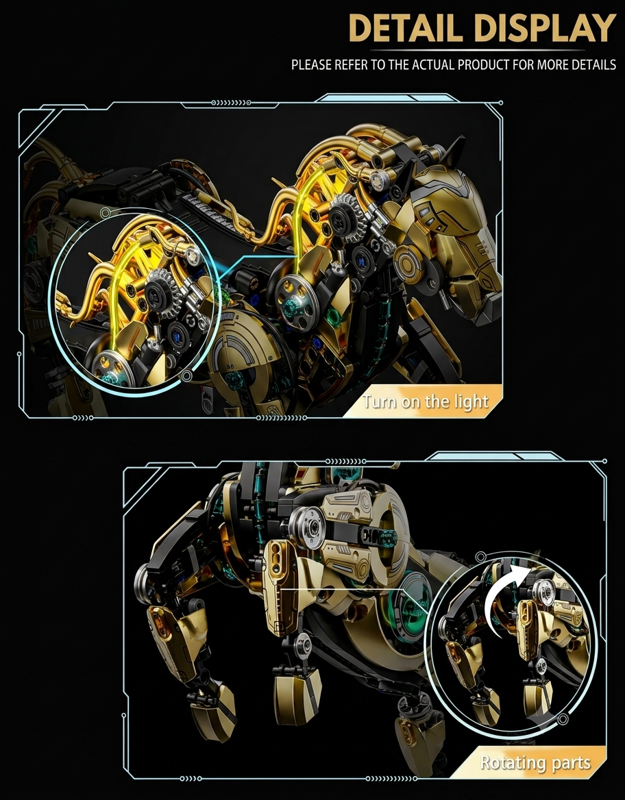 Close-up detail of the semi-mechanical horse building block kit showing internal rotating gears and glowing LED lighting effects.
