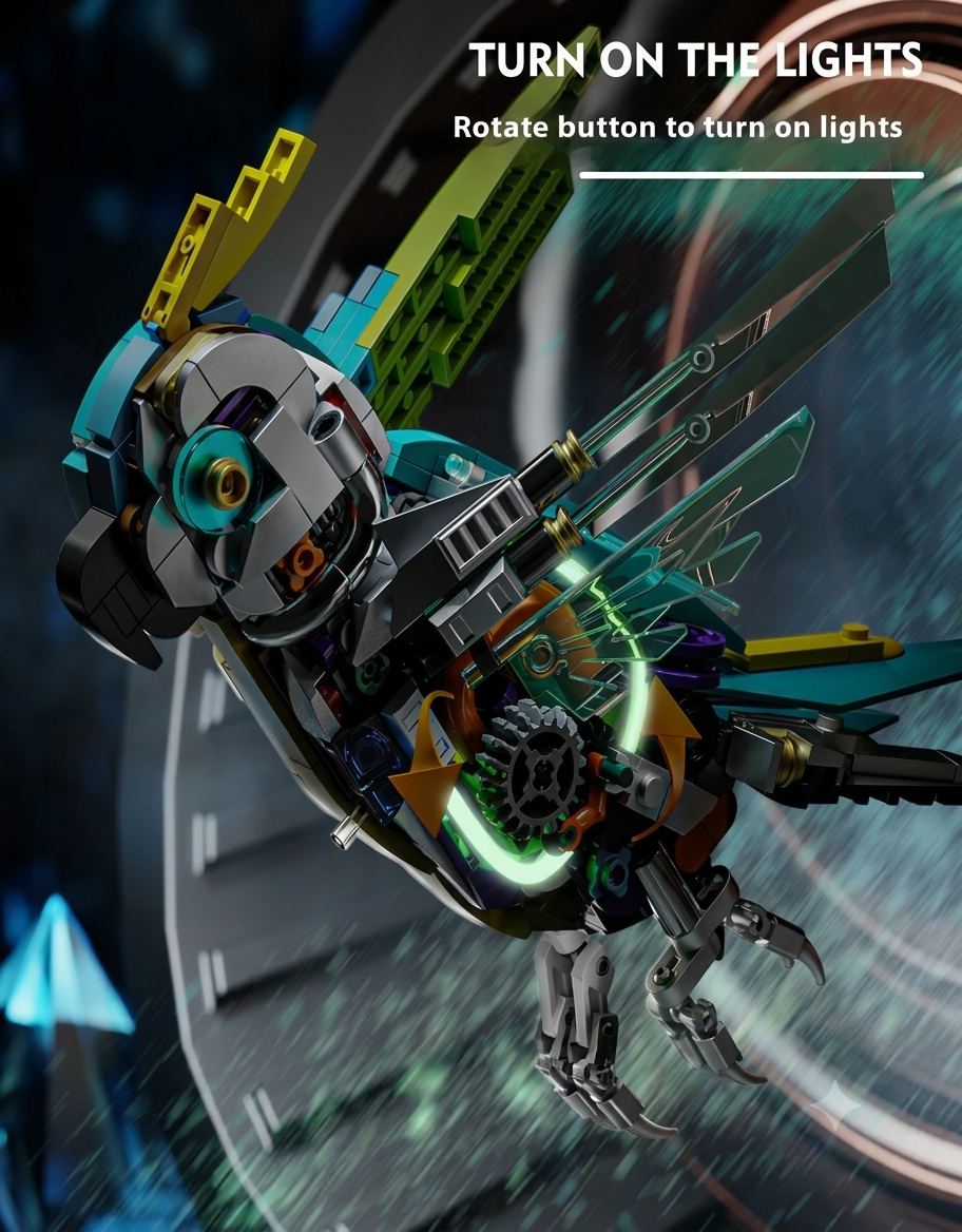 Close-up of mechanical parrot building set showing rotatable gear mechanism with internal glowing LED lights.