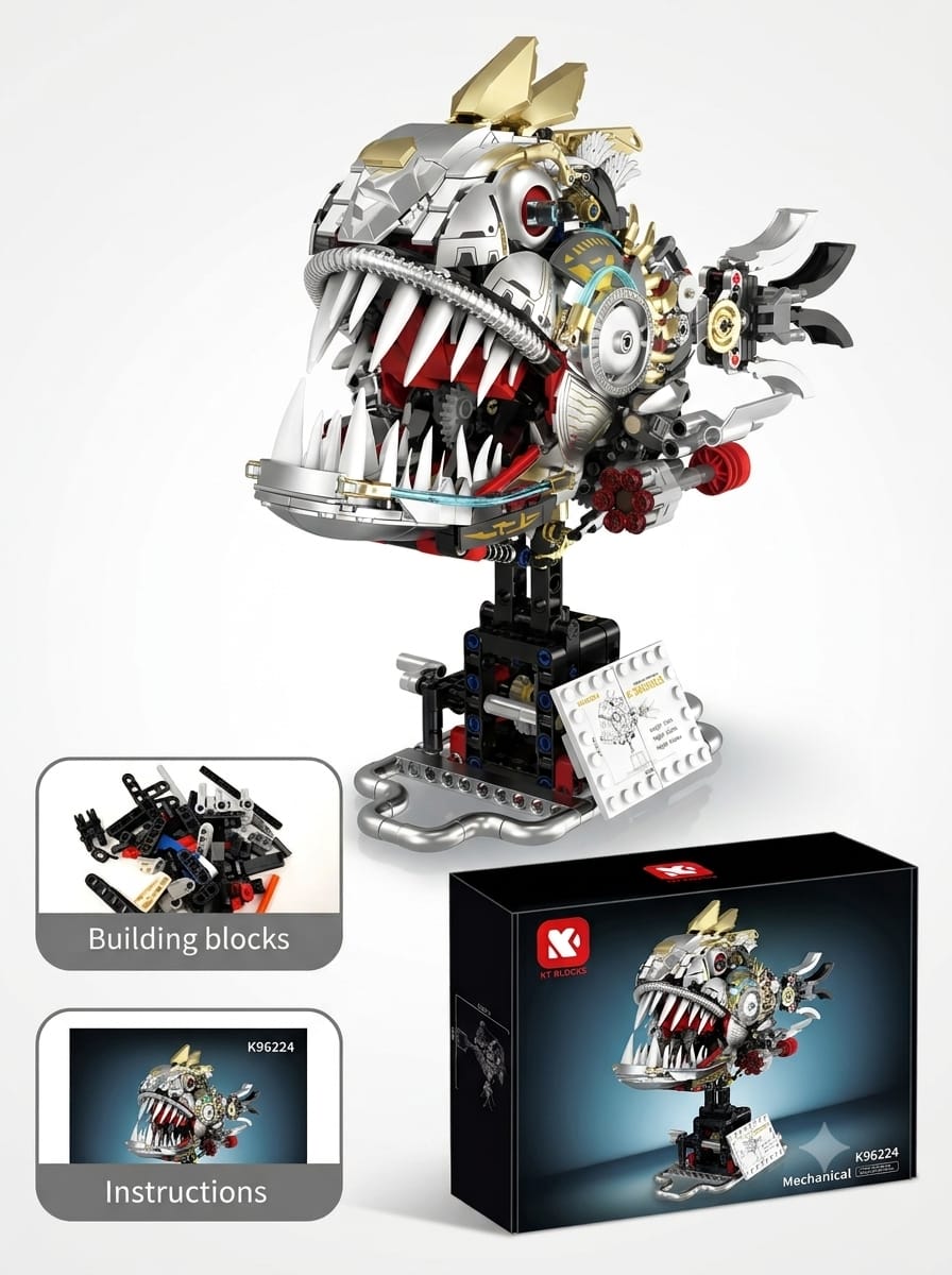 Mechanical piranha building kit on a desktop display stand alongside the packaging box, building brick bags, and instruction booklet.