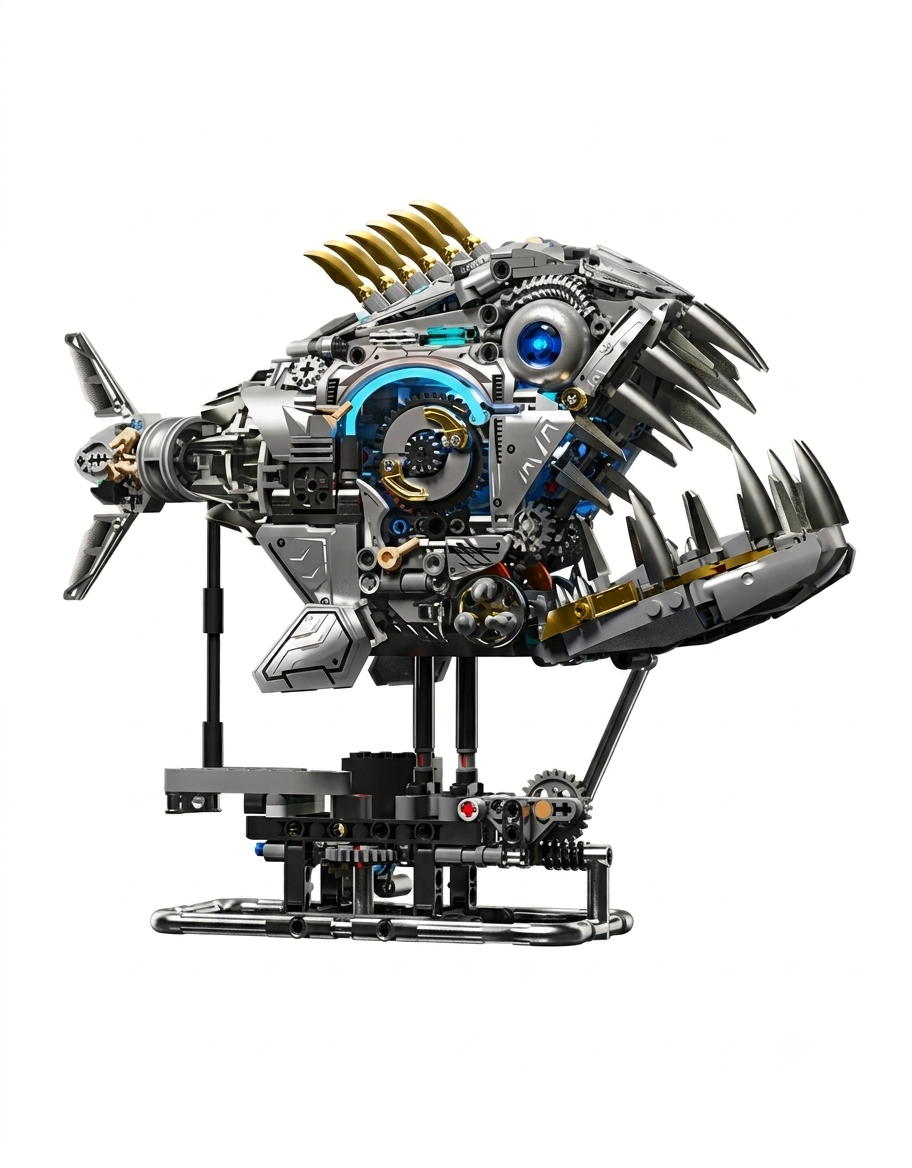 Mechanical steampunk piranha building block model with exposed gears, sharp teeth, and a technic display stand.