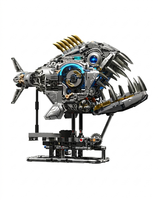 Mechanical steampunk piranha building block model with exposed gears, sharp teeth, and a technic display stand.