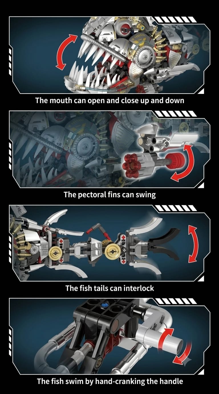 Mechanical piranha building block model diagram detailing interactive jaw, swinging pectoral fins, and linked swimming tail mechanism.