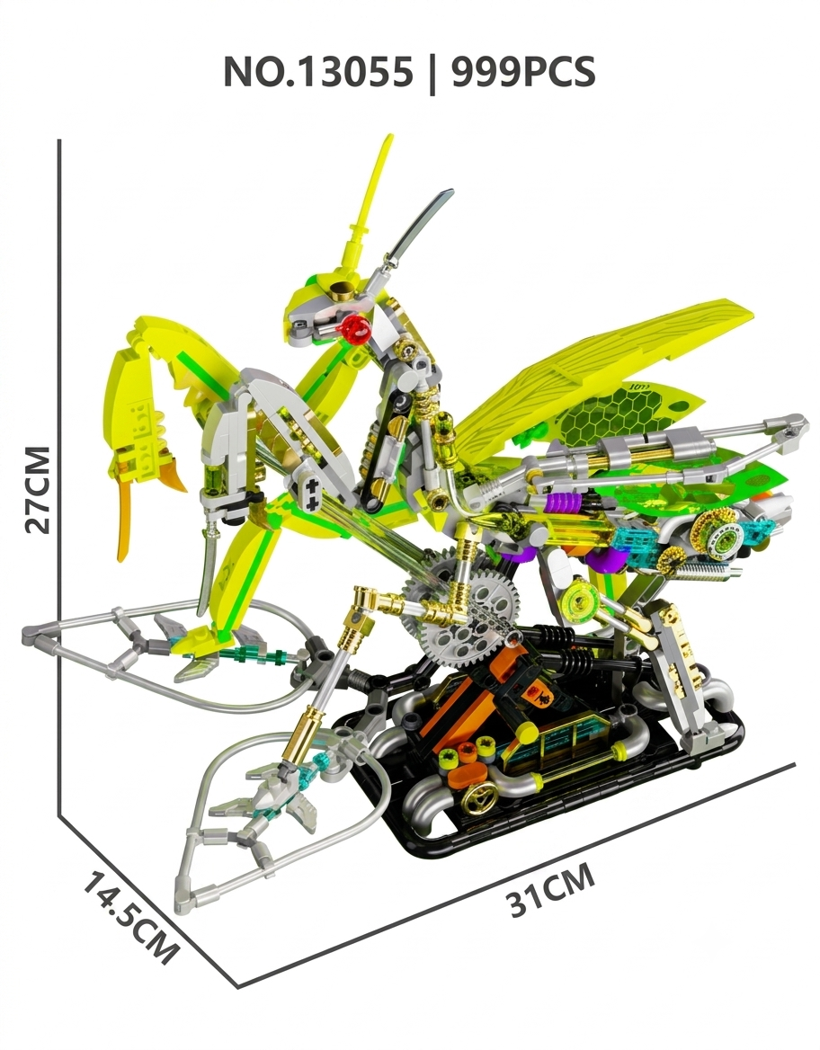 Fully built mechanical praying mantis building block set 13055 showing 999 pieces and dimensions of 27cm by 31cm.
