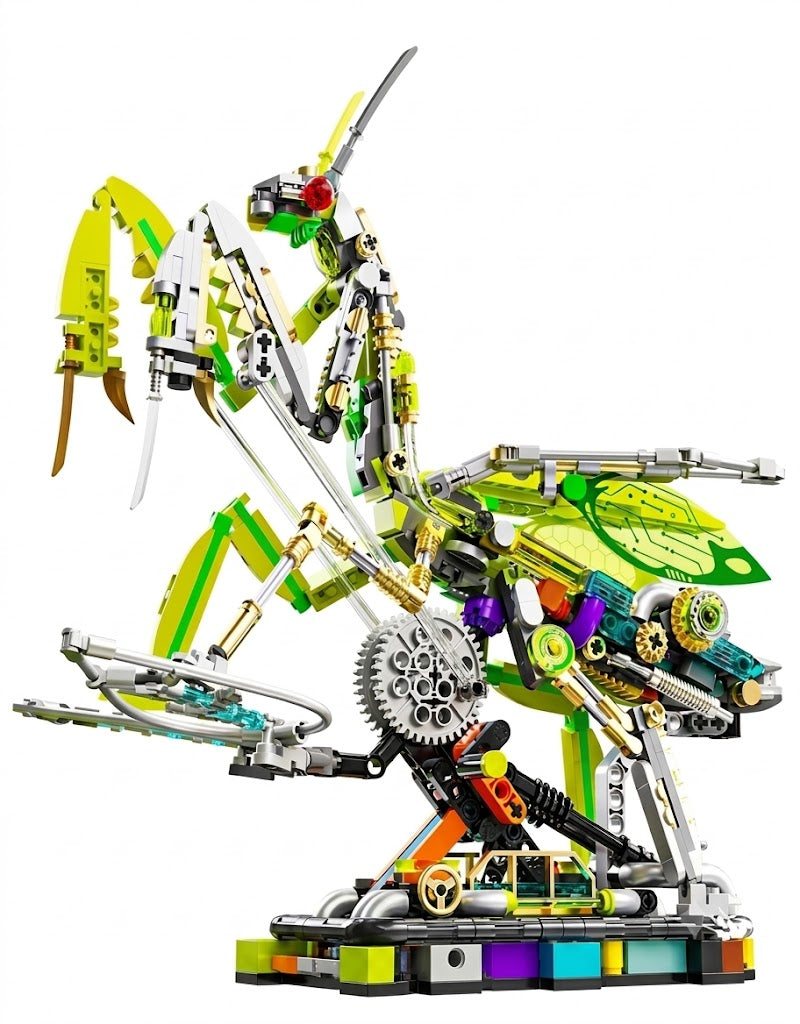 Mechanical praying mantis building block set featuring intricate gears, metallic pistons, and printed circuit wings on a display base.