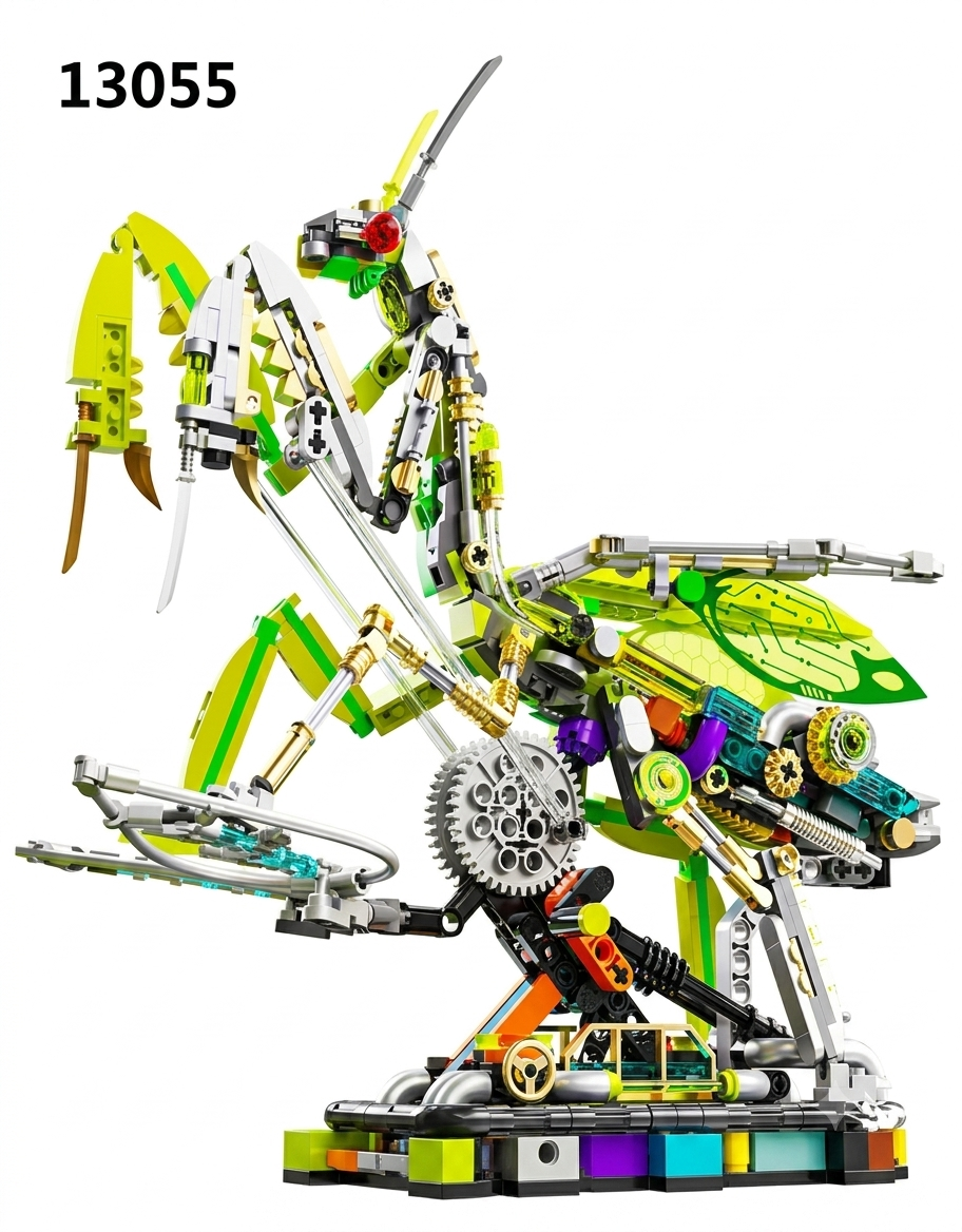 Assembled mechanical machinery praying mantis building block model on display base item 13055