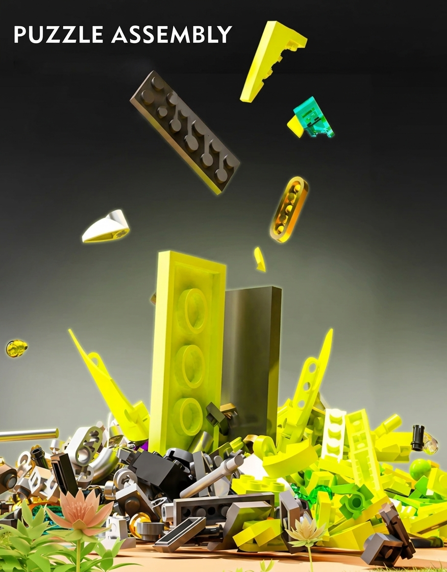 Loose neon green and metallic building block pieces for mechanical praying mantis 3D puzzle assembly kit.