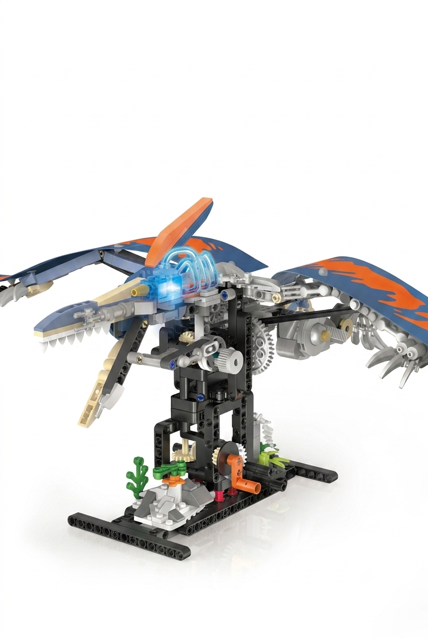 Hand-cranked semi-mechanical pterosaur dinosaur building block set featuring kinetic gear mechanism and glowing blue head on display stand