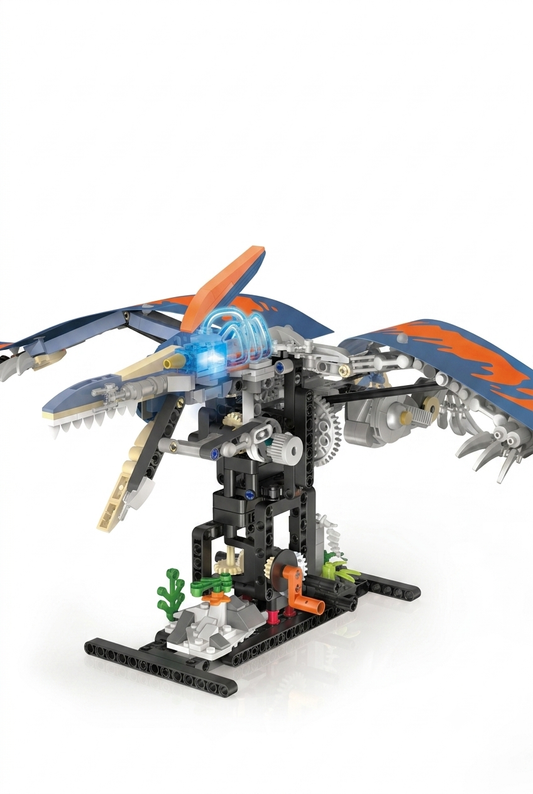 Hand-cranked semi-mechanical pterosaur dinosaur building block set featuring kinetic gear mechanism and glowing blue head on display stand