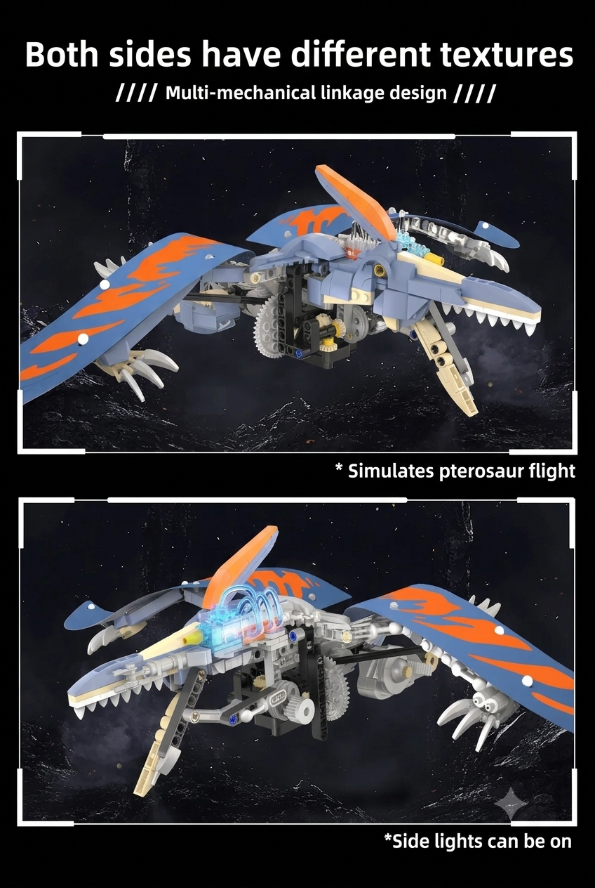 Dual-sided texture and mechanical gear linkage design on flying pterosaur STEM model kit with glowing LED light