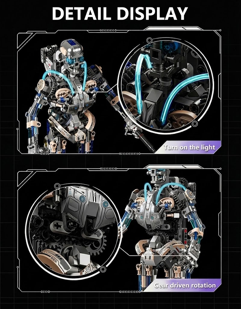 Close-up feature view of the mechanical robot building block kit highlighting gear-driven rotation and luminous blue light tubes.