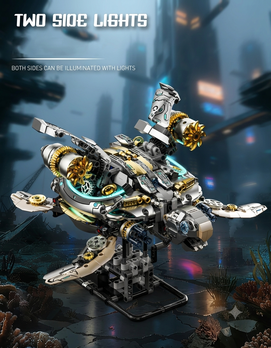 Mechanical cyber sea turtle building block model 13097 with illuminated dual side LED lights on a display stand.