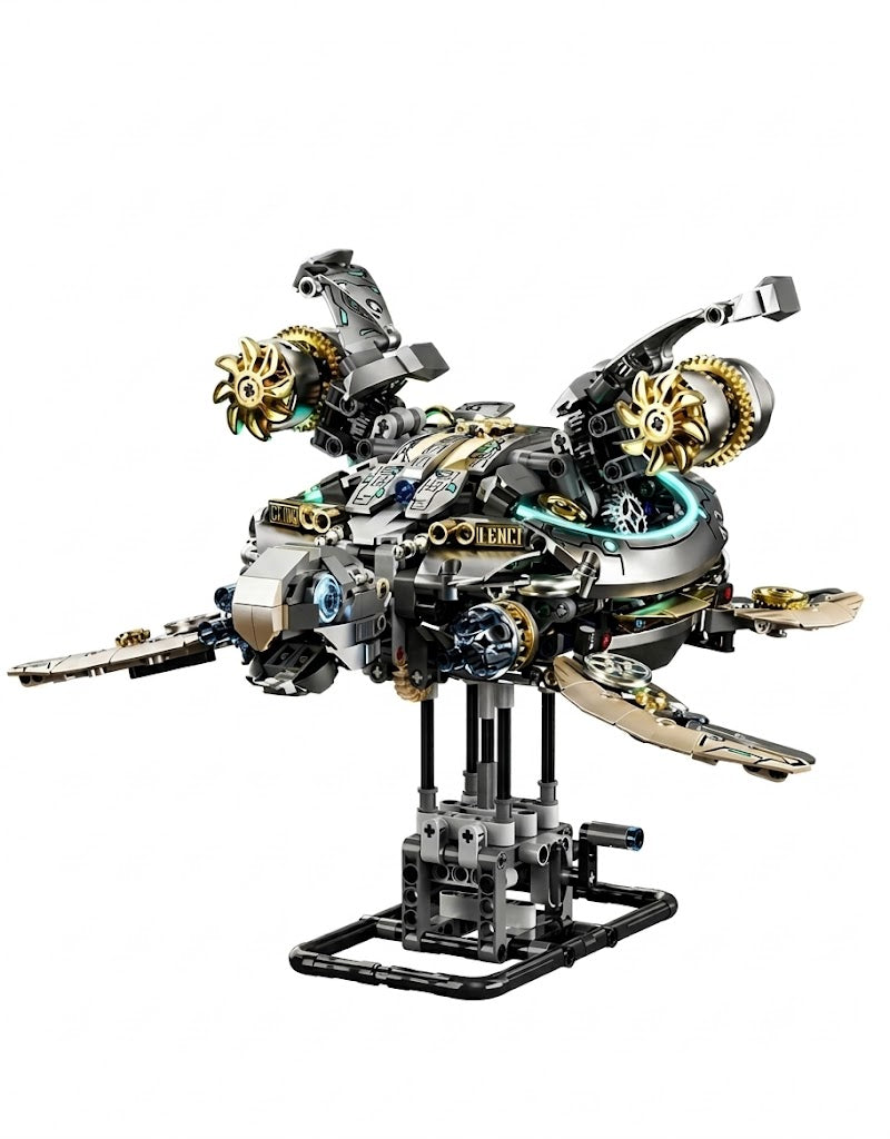 Hand-cranked mechanical sea turtle building block model featuring metallic gold gears, movable flippers, and a display stand.
