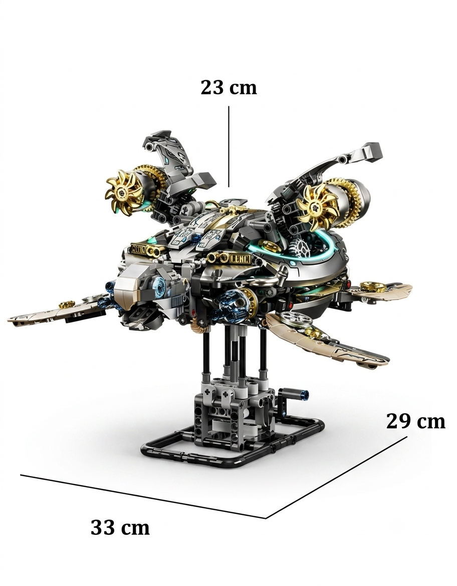 Product dimensions diagram for mechanical sea turtle building block model measuring 23 cm high, 33 cm wide, and 29 cm long.