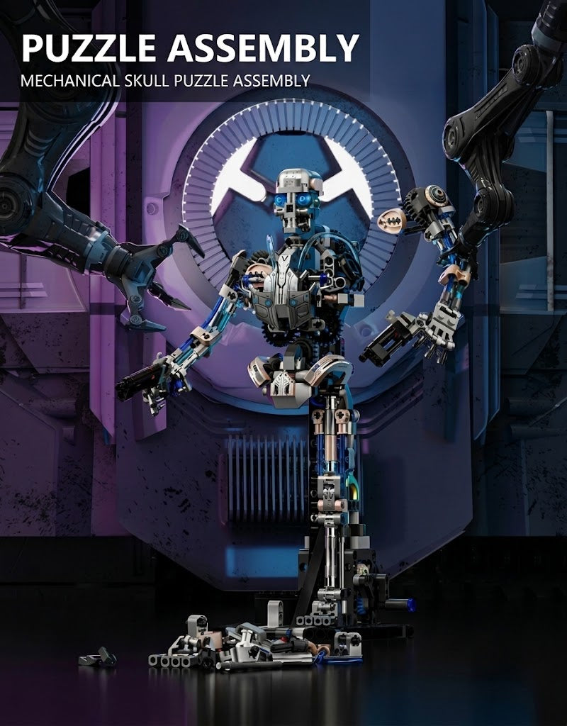 Sci-fi mechanical skull robot building block set showcased inside a futuristic assembly pod with robotic arms.