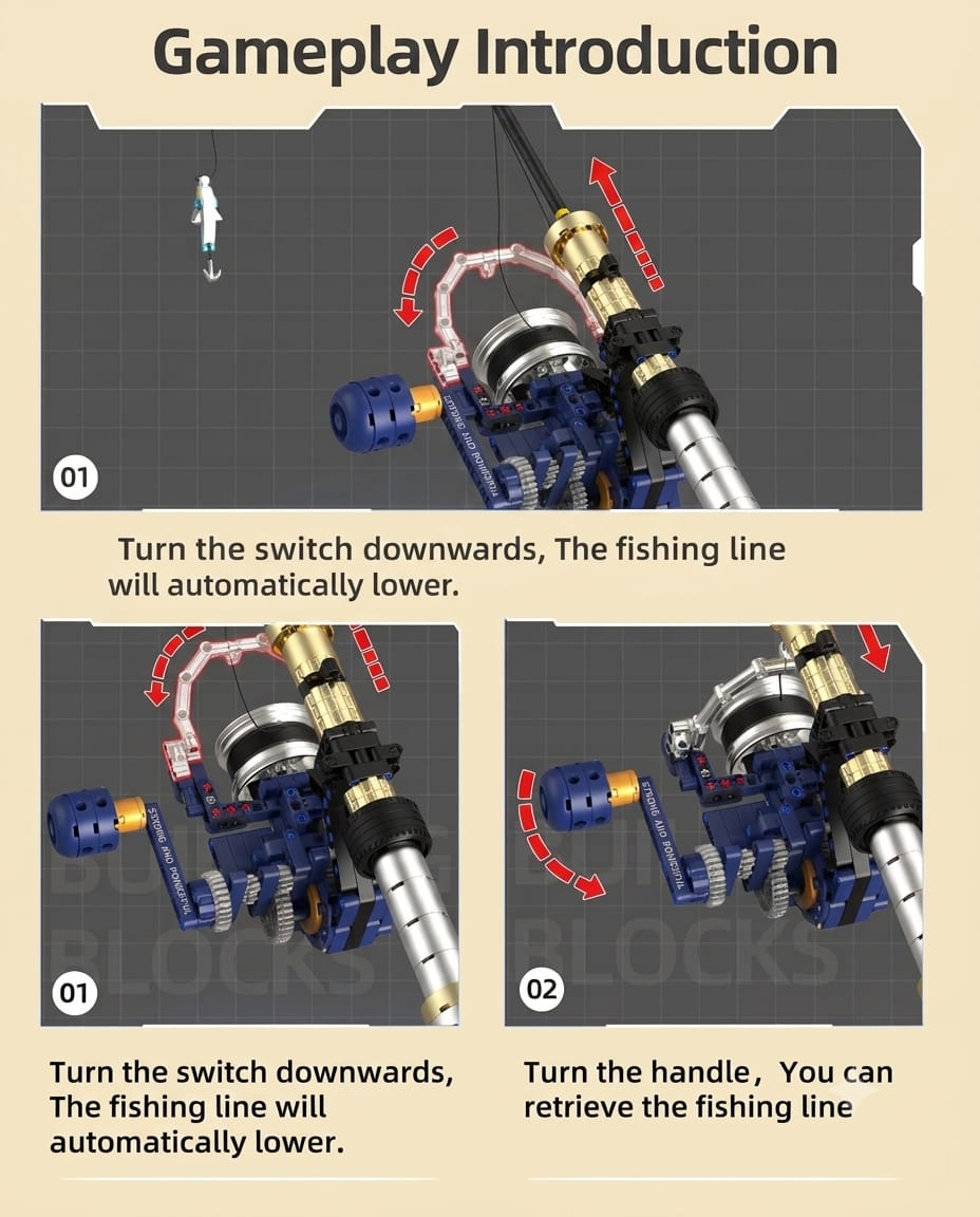 Functional gear and switch mechanism demonstration for the mechanical spinning fishing rod building block model.