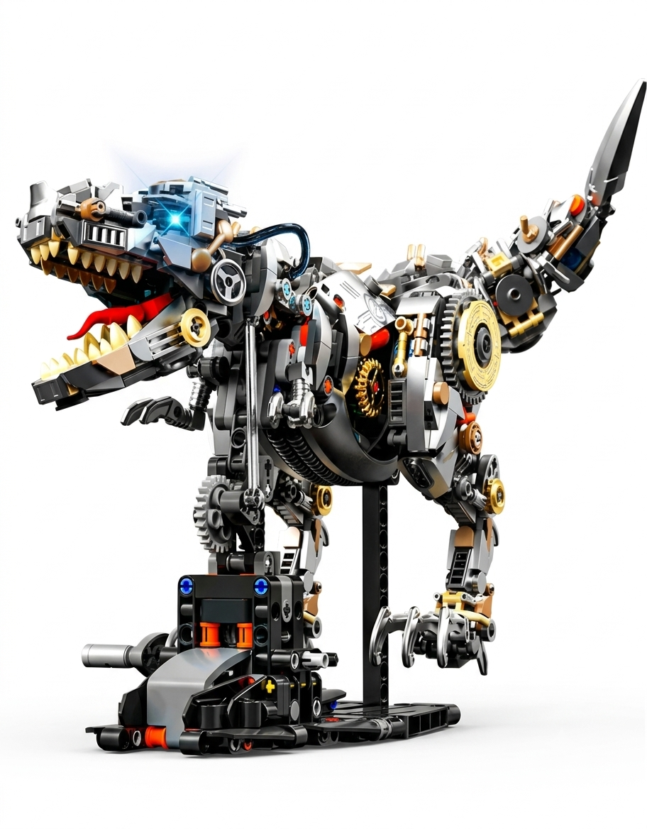 Mechanical T-Rex dinosaur building block model with exposed gold gears, robotic joints, articulated jaw, and integrated black display stand.